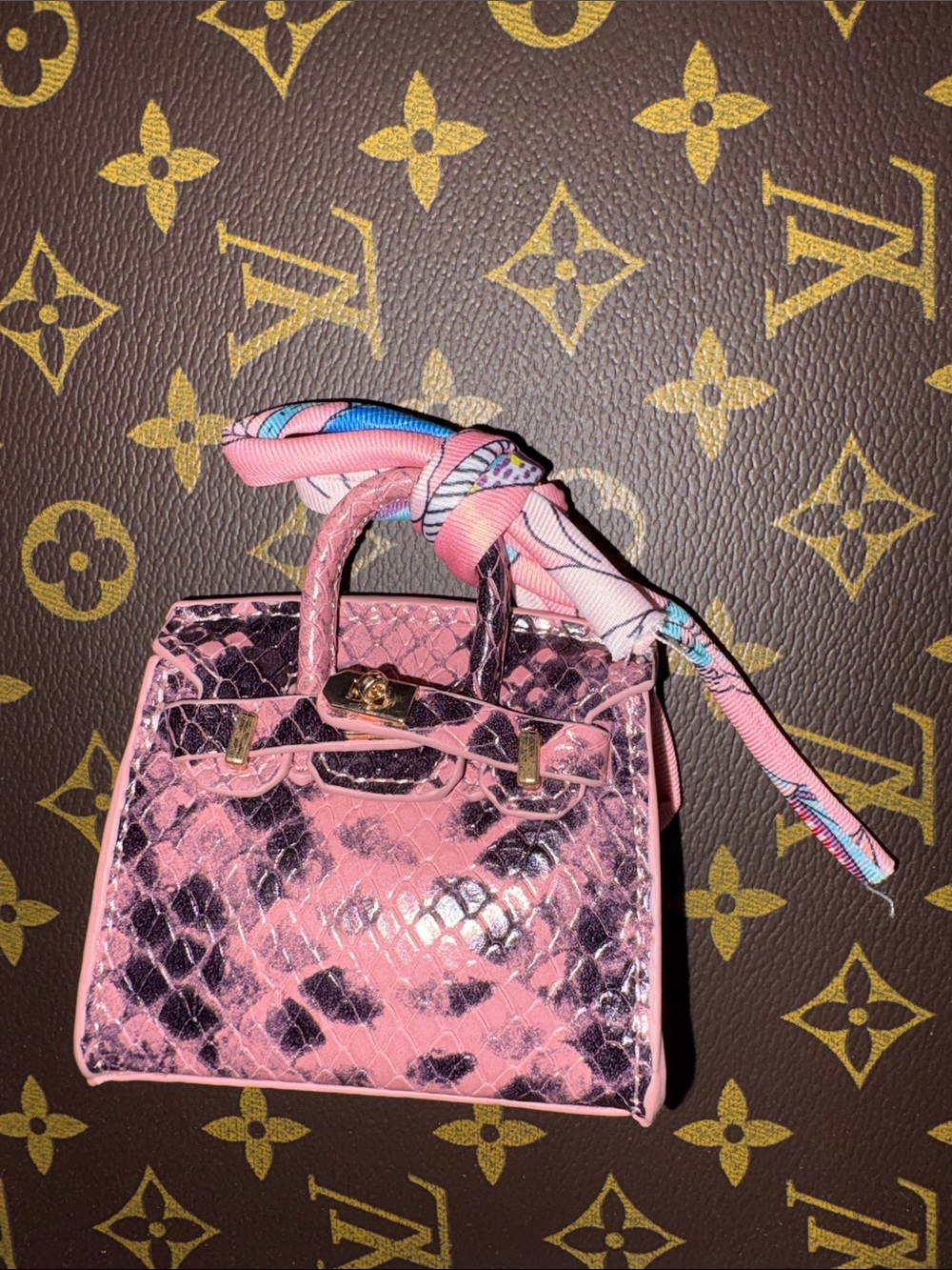 Pink And Black Mini Top-Handle Bag with Scarf Accent